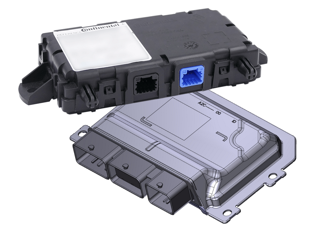 A close-up view of two electronic control modules, one rendered as a physical device and the other as a digital CAD model. The physical module features several ports, including a noticeable blue RJ45-like connector.